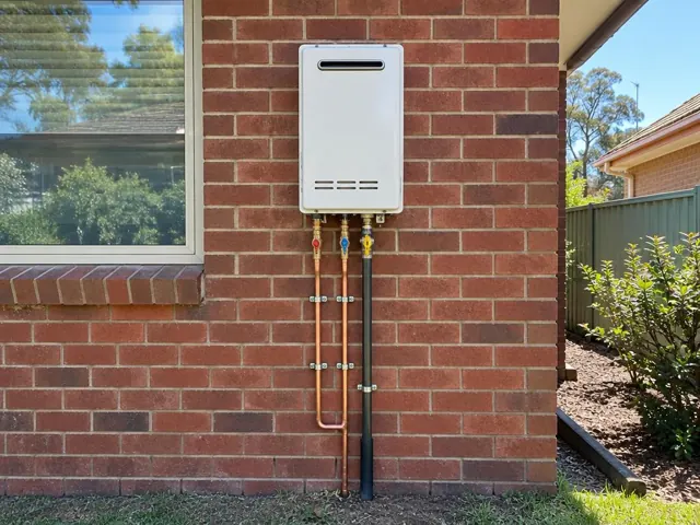 Wall-mounted gas hot water unit on a brick exterior wall with copper pipework and garden beside it in Engadine